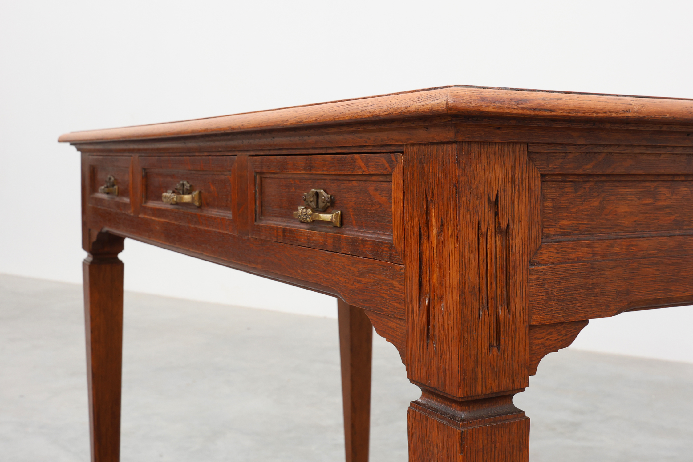 Art Deco carved oak Desk or Table with copper details, Belgium 1920sthumbnail